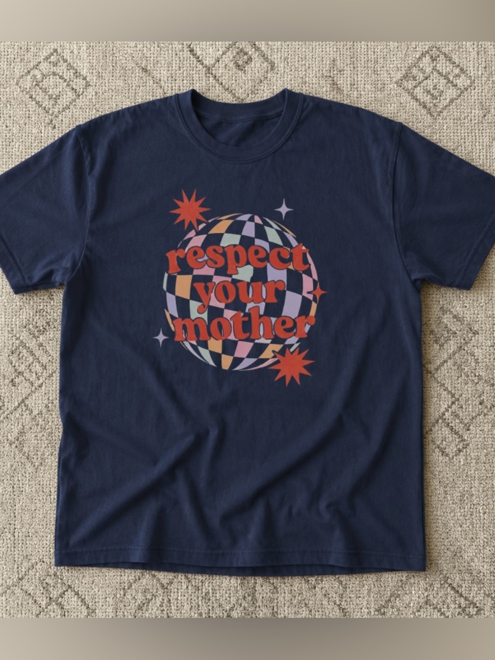 Respect Your Mother Disco Ball Retro  Graphic Tee - Navy